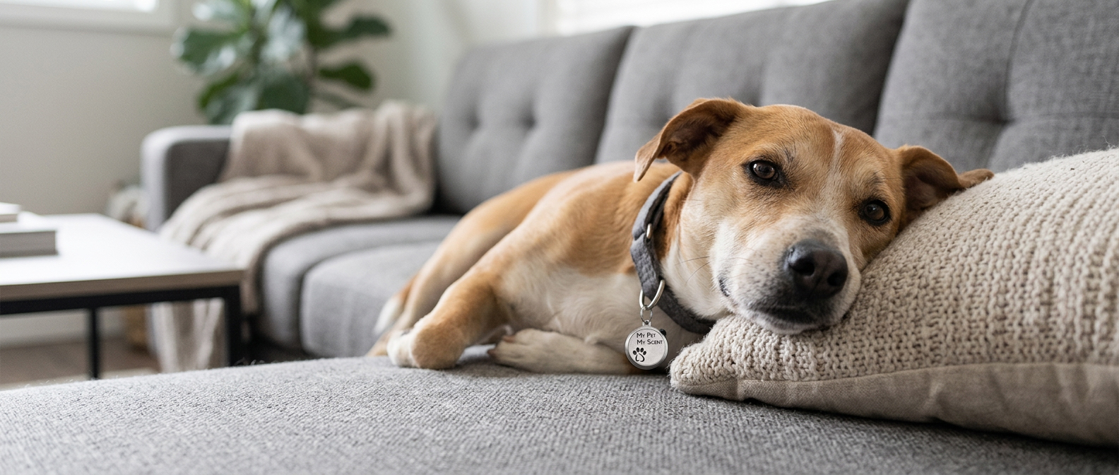 Relaxed small mixed-breed dog lying on a fabric couch, head resting on the cushion, wearing a collar with a round My Pet My Scent locket tag.