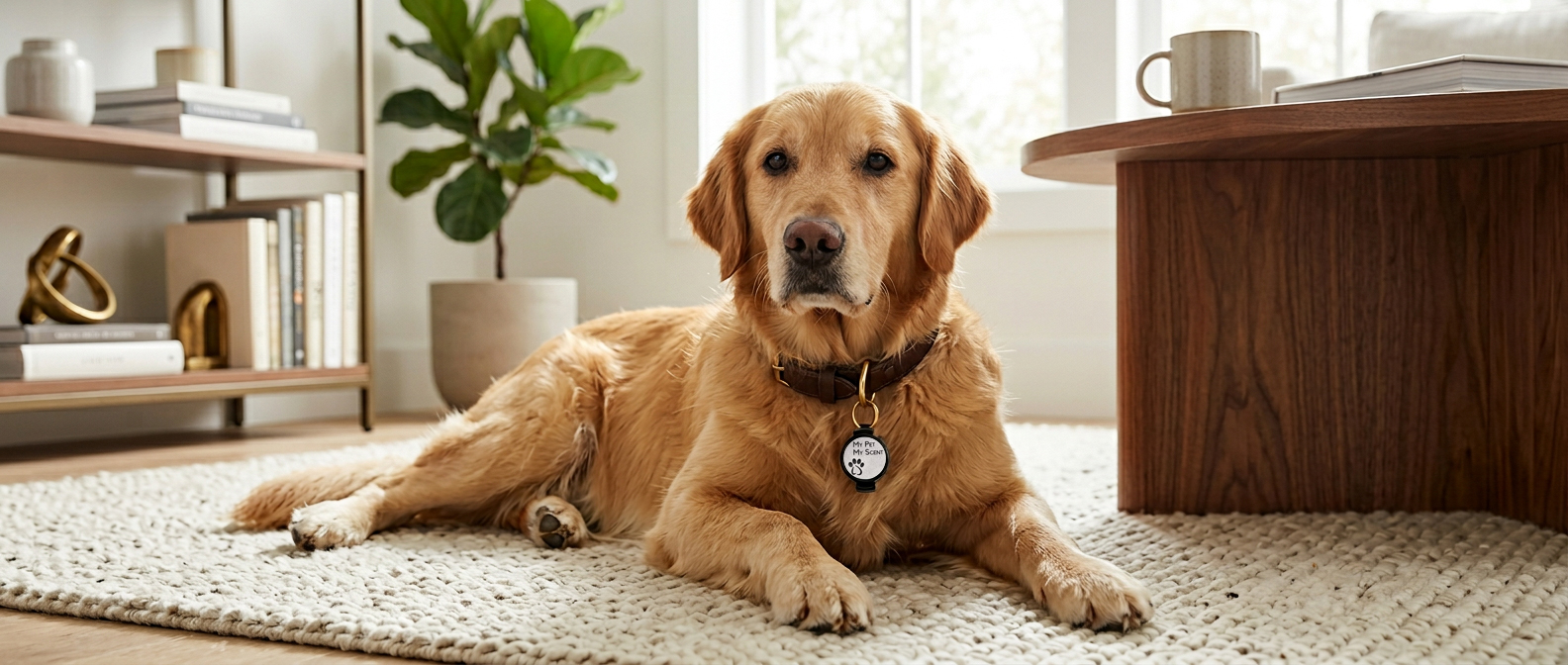 Calm golden retriever resting on a living room rug, looking toward the camera, collar visible with a round My Pet My Scent locket tag.